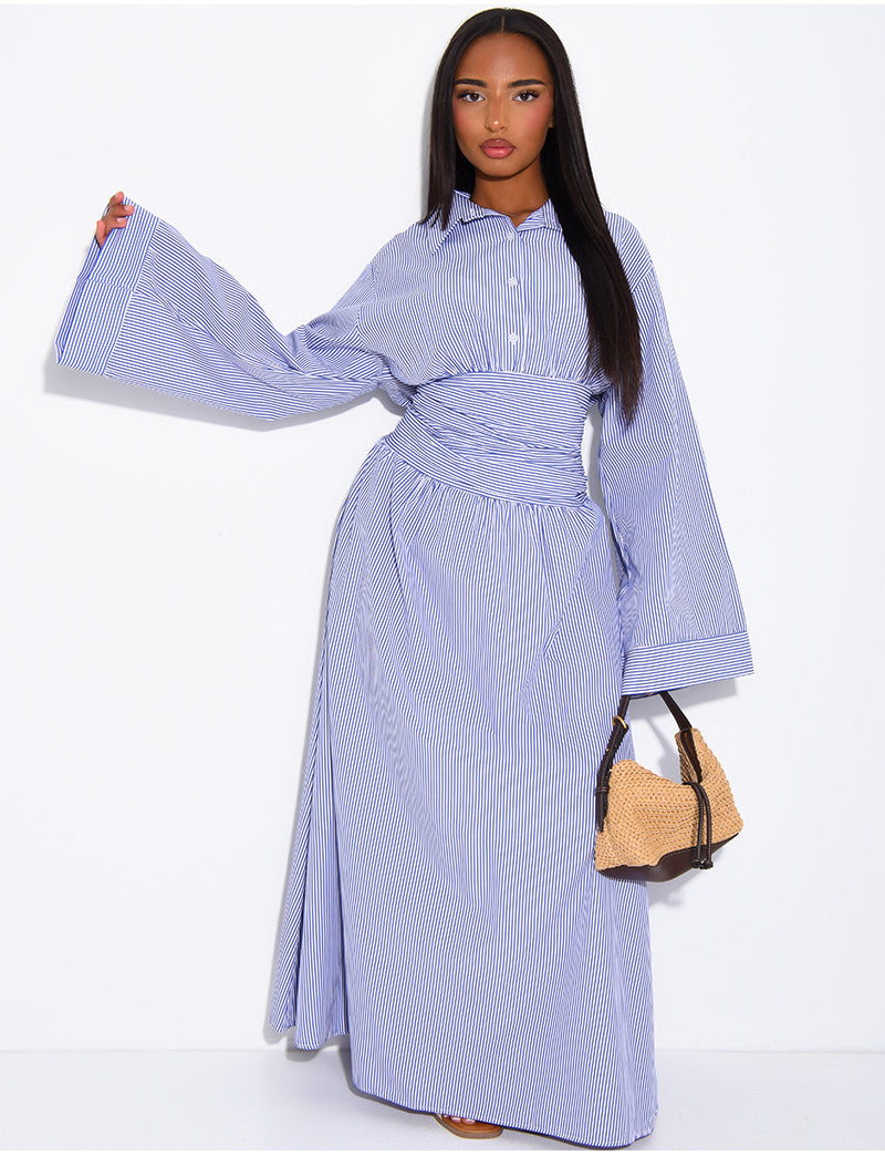 Robe longue rayée col chemise à cintrer