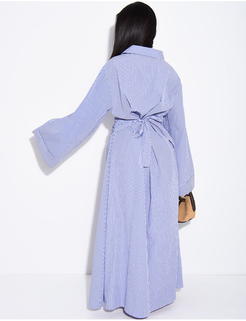 Robe longue rayée col chemise à cintrer