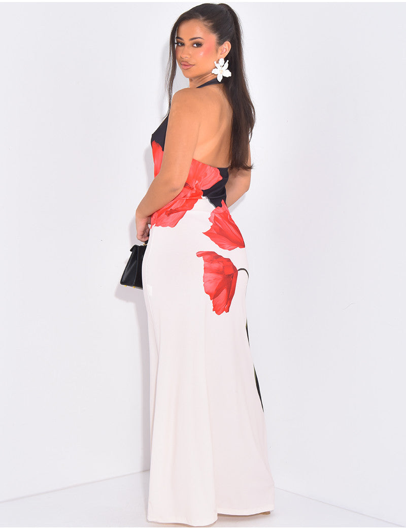 Robe longue sans manches à fleurs dos nu