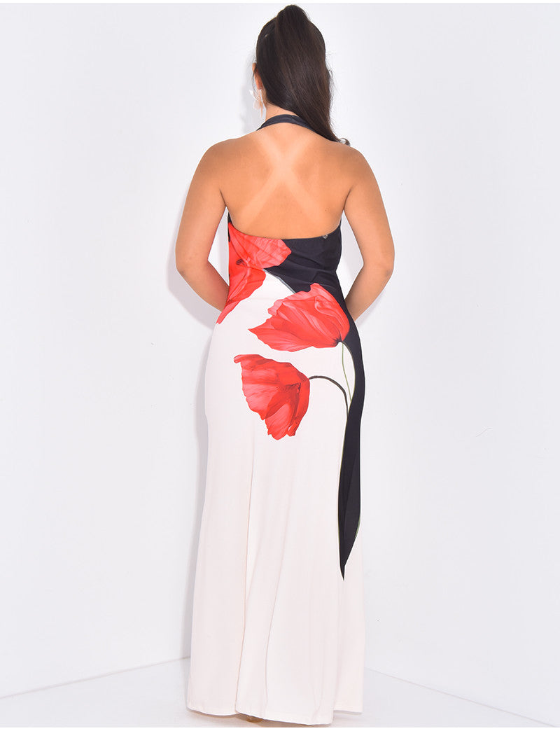 Robe longue sans manches à fleurs dos nu