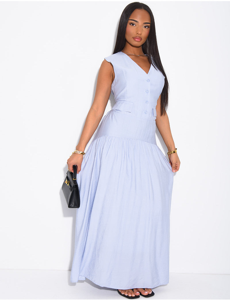 Robe longue sans manche boutonnée évasée