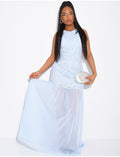 Robe maxi en dentelle & voile plissé sur le bas