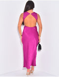 Robe longue sans manche en satin à col drapé