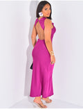 Robe longue sans manche en satin à col drapé
