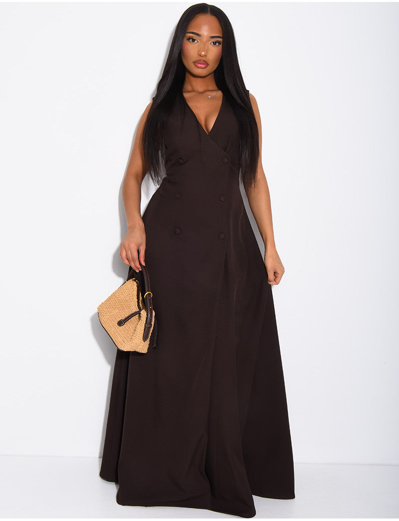 Robe longue sans manche boutonnée à cintrer au dos