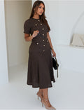 Robe longue texturée & évasée à boutons dorés