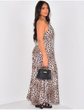 Robe longue et plissée dos nu à motif léopard