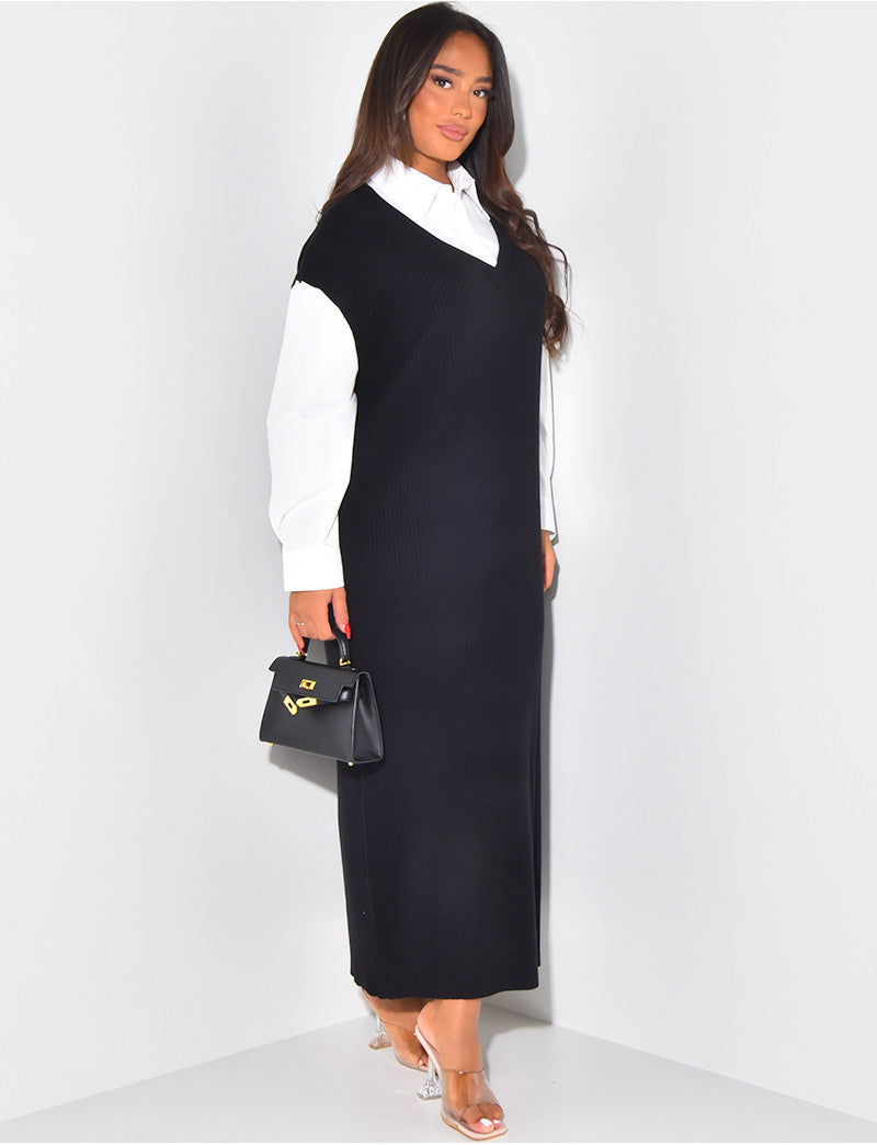 Robe pull longue à doublure effet chemise
