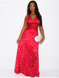 Robe longue en satin à pois et empiècement en dentelle