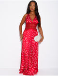 Robe longue en satin à pois et empiècement en dentelle