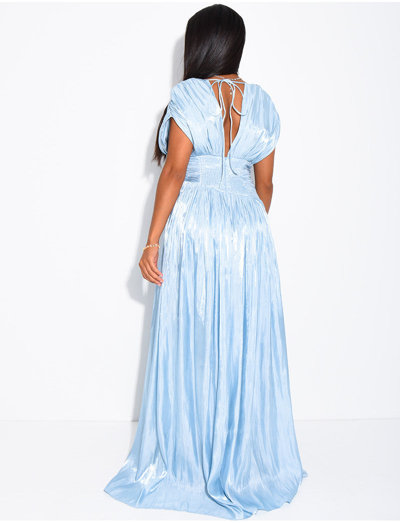 Robe longue dos nu en satin irisée à fente