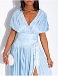 Robe longue dos nu en satin irisée à fente