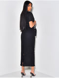 Robe longue texturée à boutons dorés