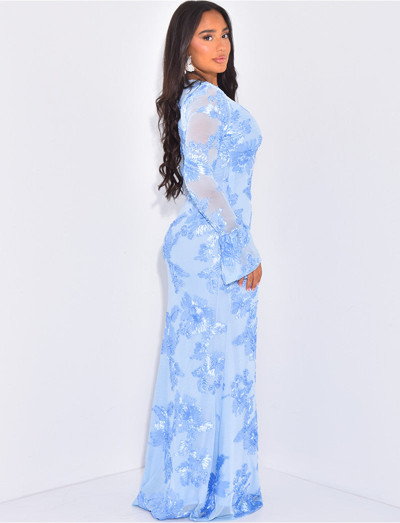 Robe longue manches longues col rond à fleurs en relief