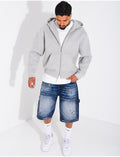 Short en jeans à empiècements contrastant & strass