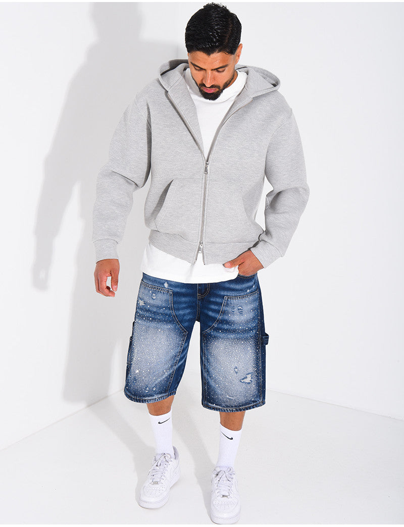 Short en jeans à empiècements contrastant & strass
