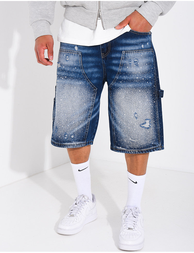 Short en jeans à empiècements contrastant & strass