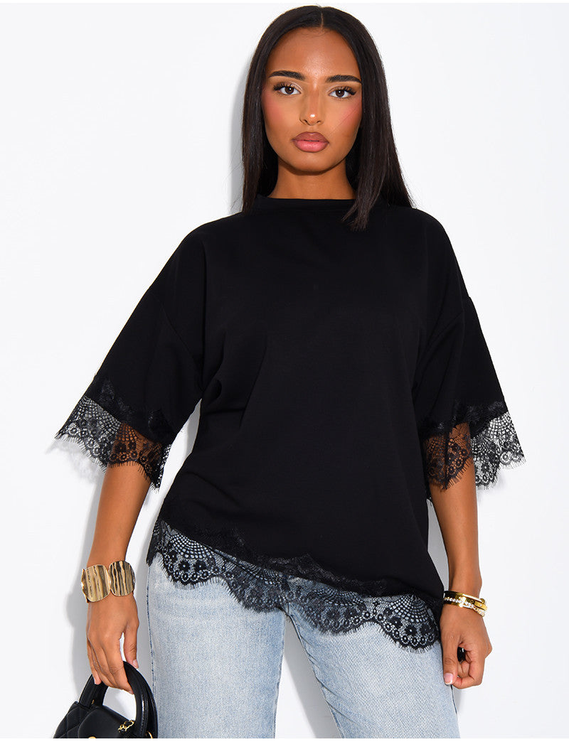 T-shirt côtelé à bordures en dentelle