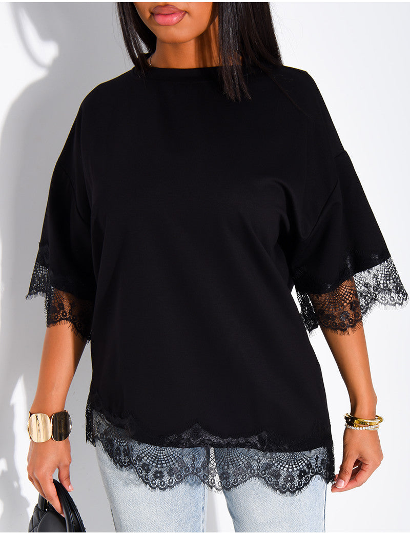 T-shirt côtelé à bordures en dentelle