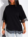 T-shirt côtelé à bordures en dentelle