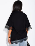 T-shirt côtelé à bordures en dentelle