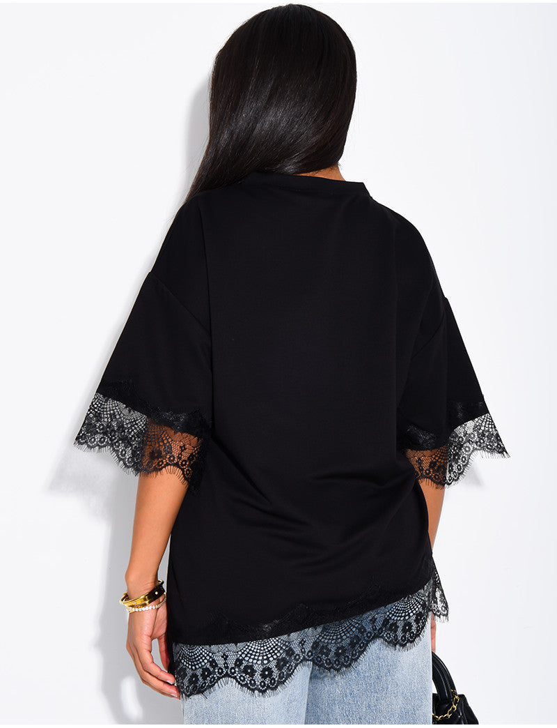 T-shirt côtelé à bordures en dentelle