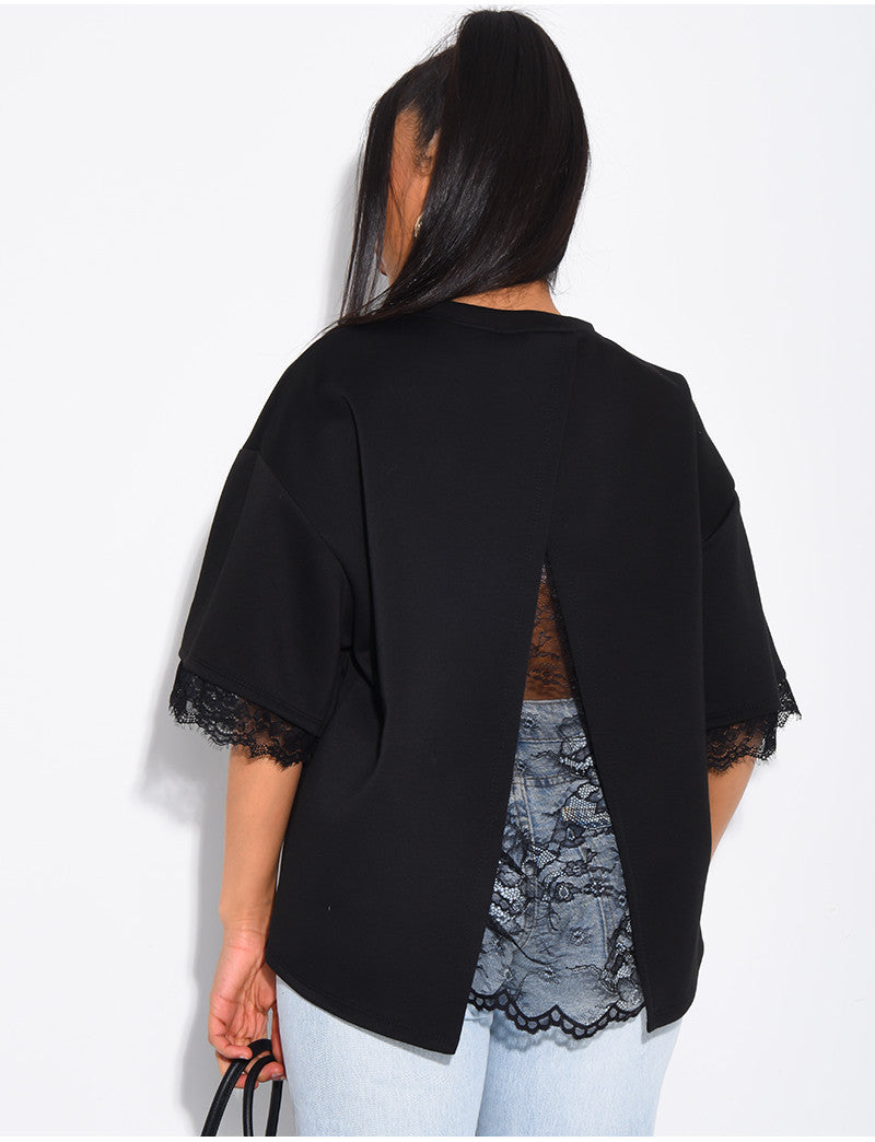 T-shirt à doublure en dentelle et fendu dans le dos