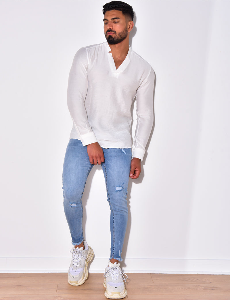 T-shirt fin manche longue col V