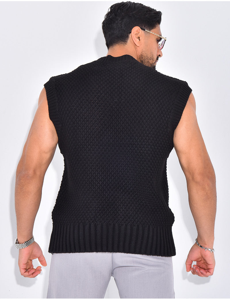 T-shirt sans manches & col V en maille