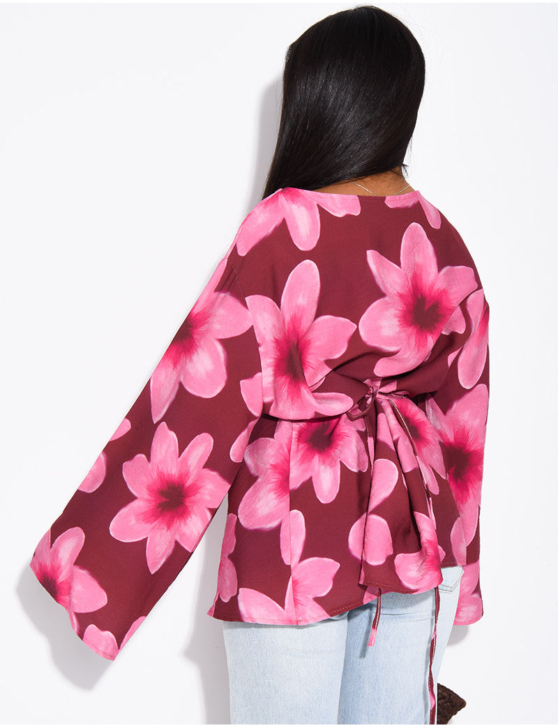 Top effet lin à fleurs à nouer dans le dos