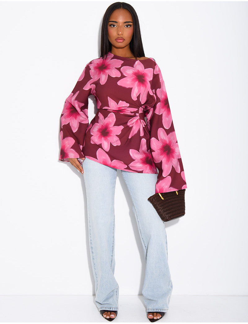 Top effet lin à fleurs à nouer dans le dos