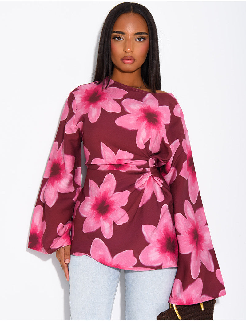 Top effet lin à fleurs à nouer dans le dos