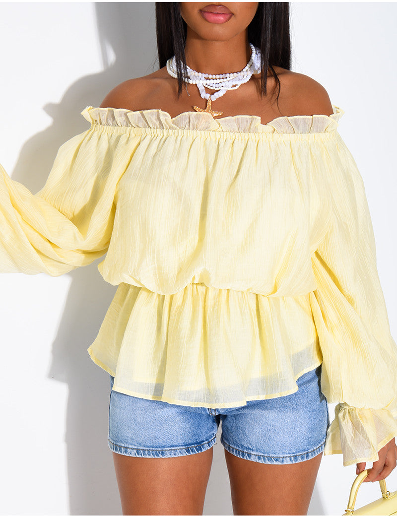 Top col bateau en voile bouffant