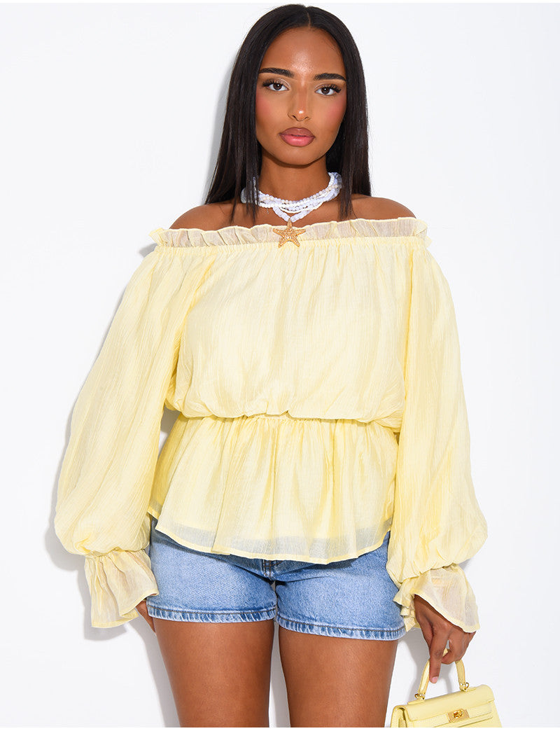 Top col bateau en voile bouffant
