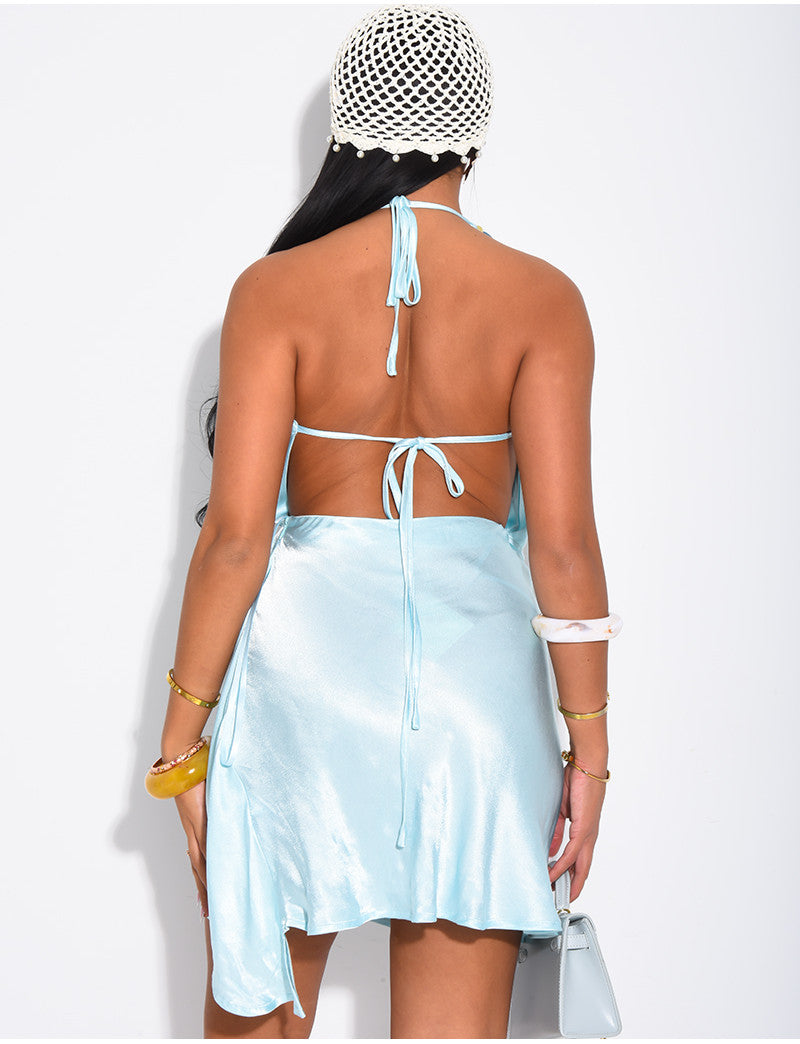 Robe courte dos nu en satin & perles colorées