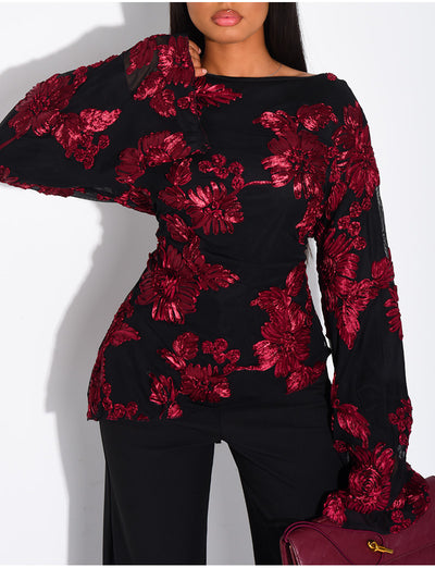 Top doublé asymétrique à fleurs brodés