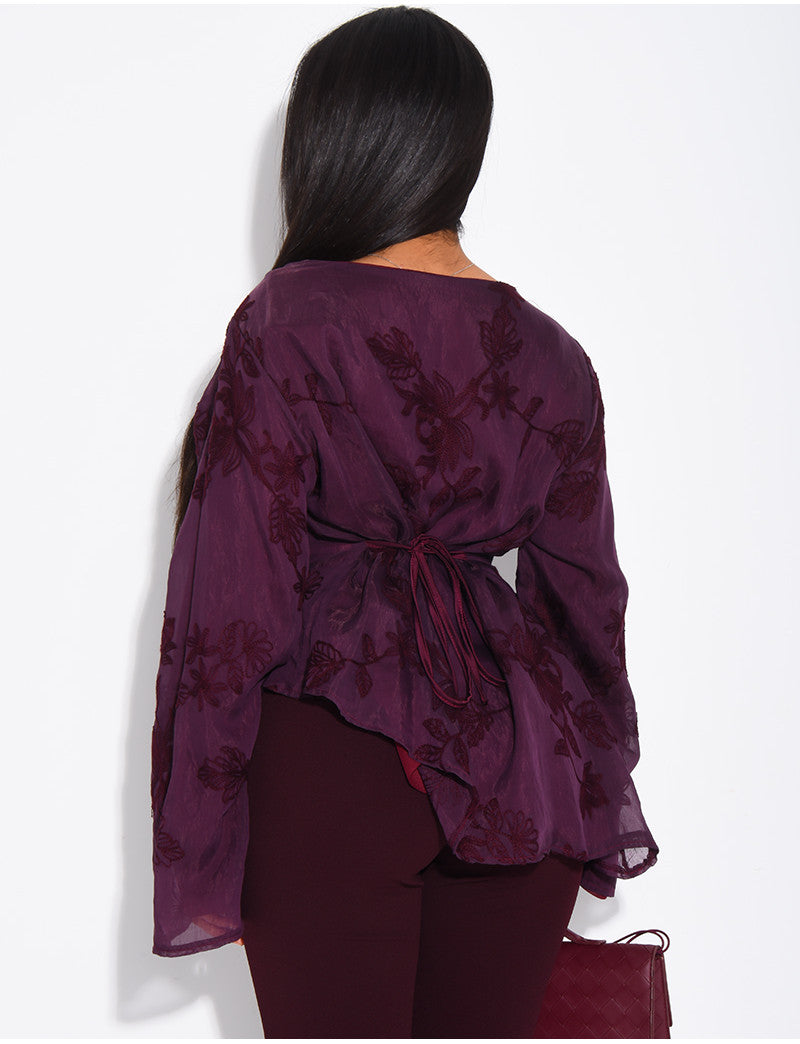 Top doublé asymétrique à fleurs brodés