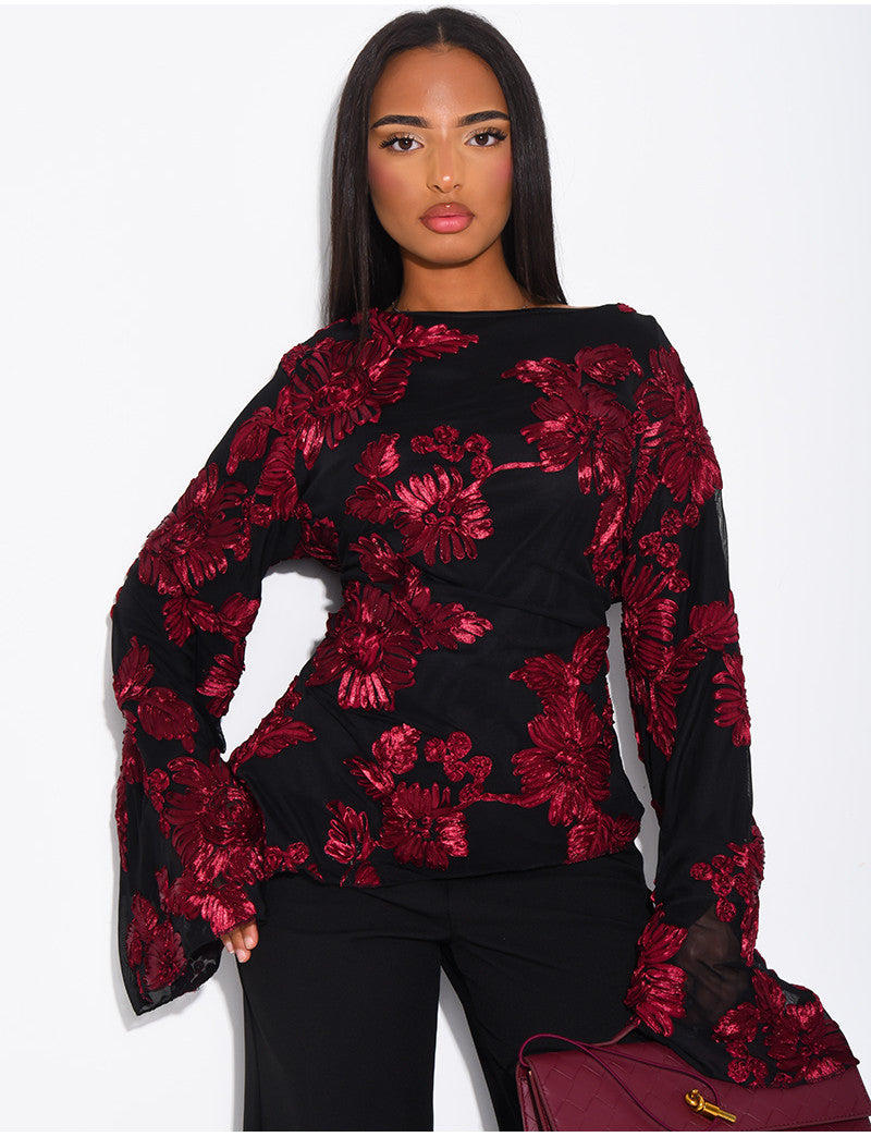 Top doublé asymétrique à fleurs brodés