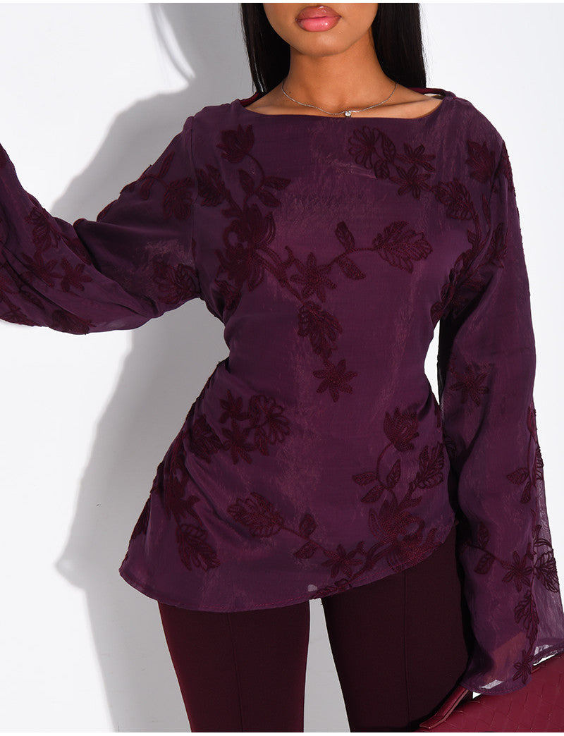 Top doublé asymétrique à fleurs brodés