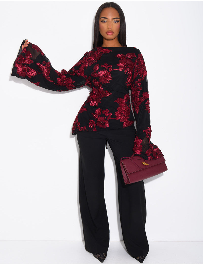 Top doublé asymétrique à fleurs brodés