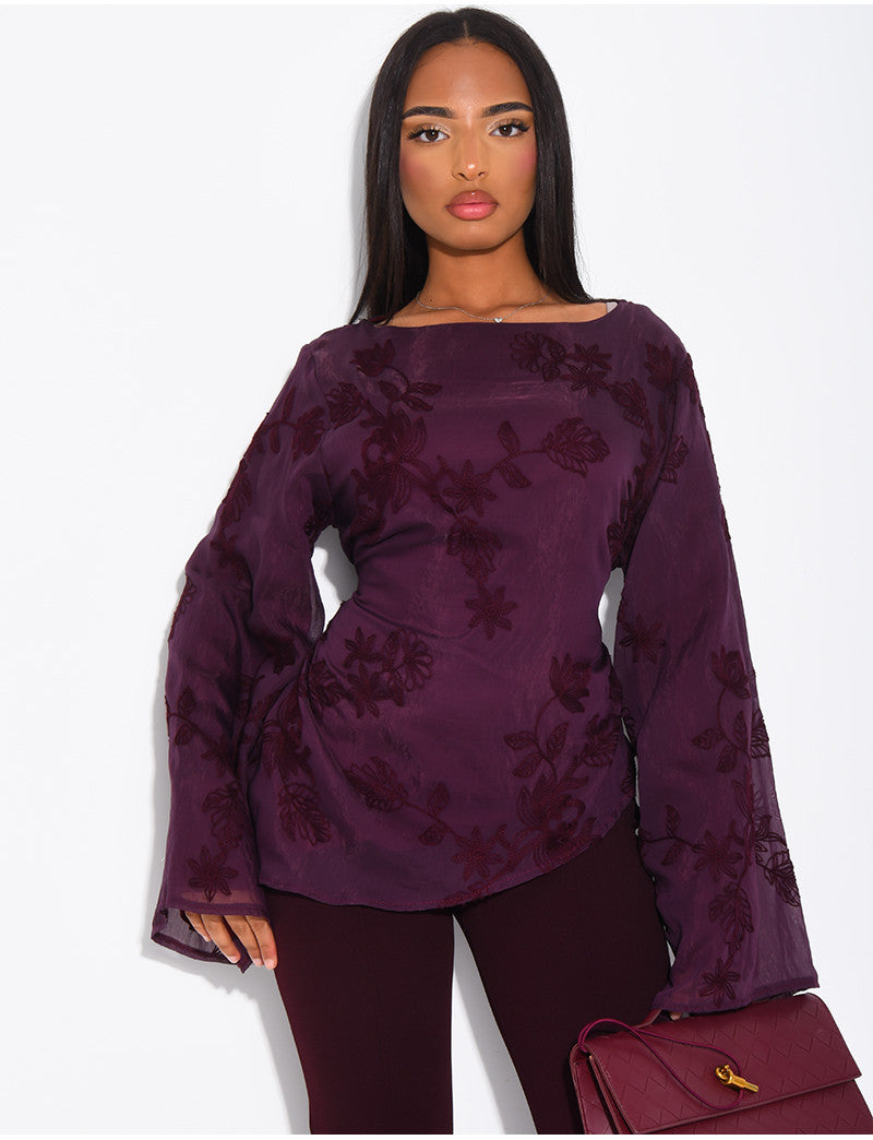 Top doublé asymétrique à fleurs brodés