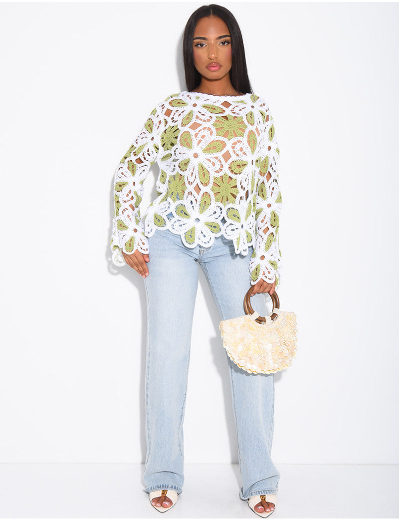 Top crochet ample à motifs colorés
