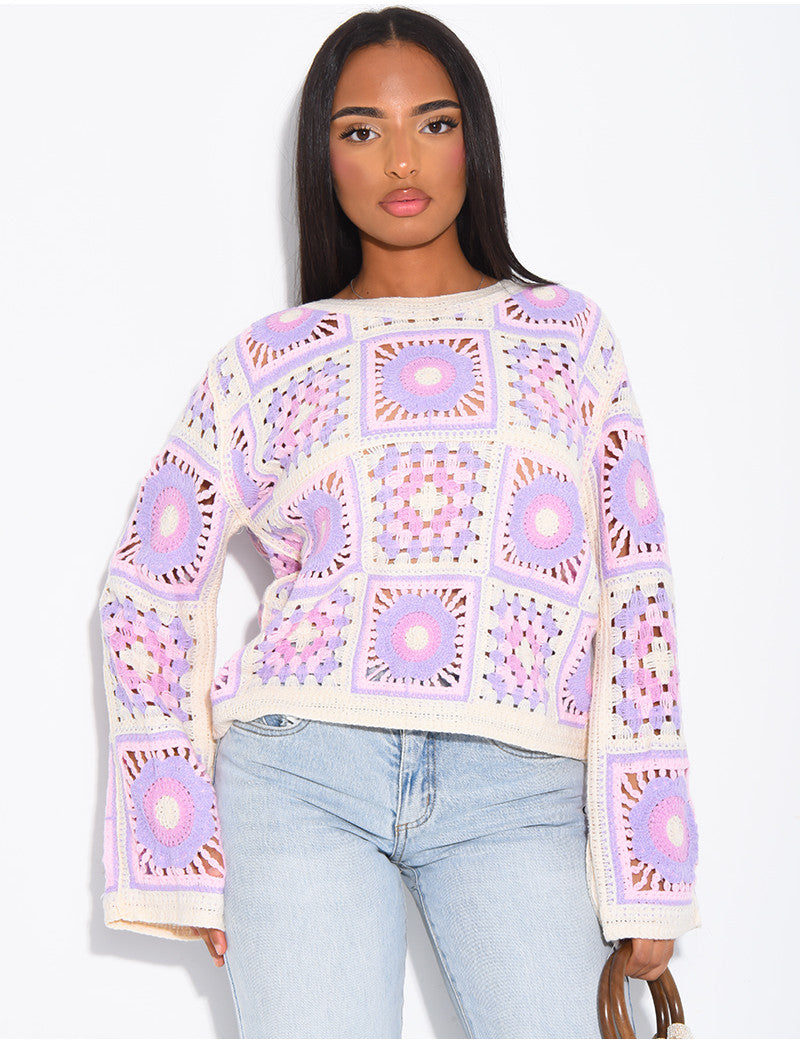 Top crochet ample à motifs colorés