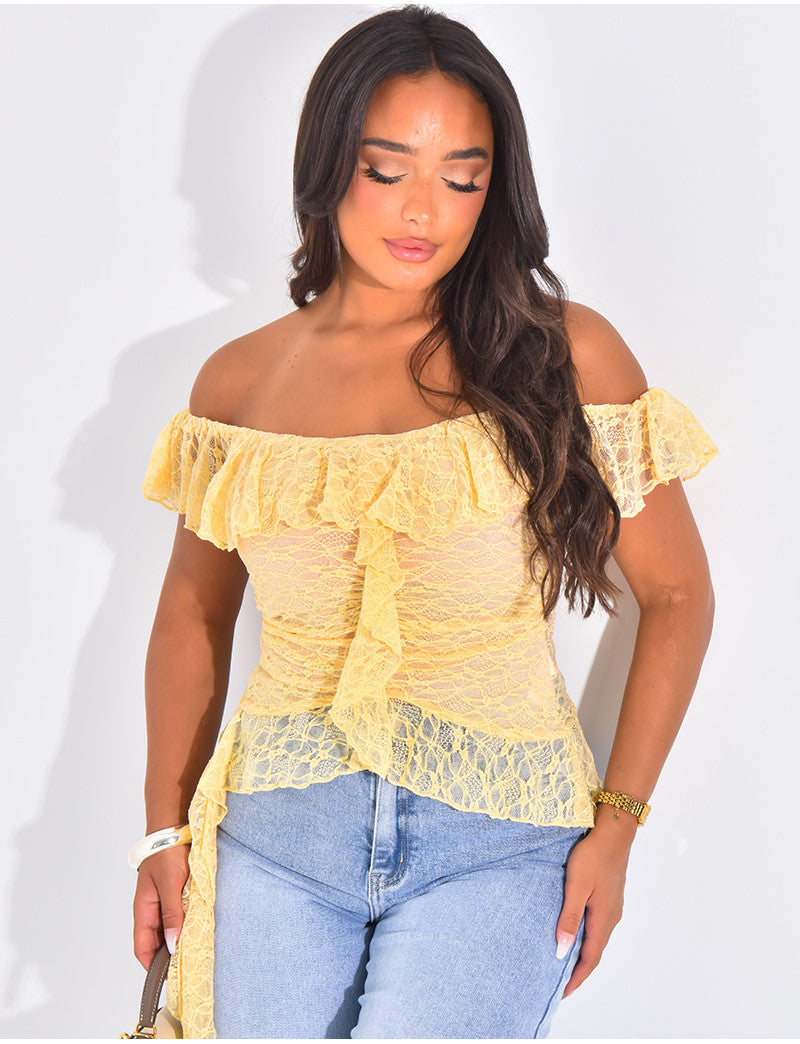 Top asymétrique en dentelle à volants