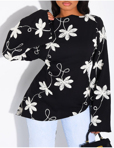 Top effet lin asymétrique à nouer avec motifs brodés