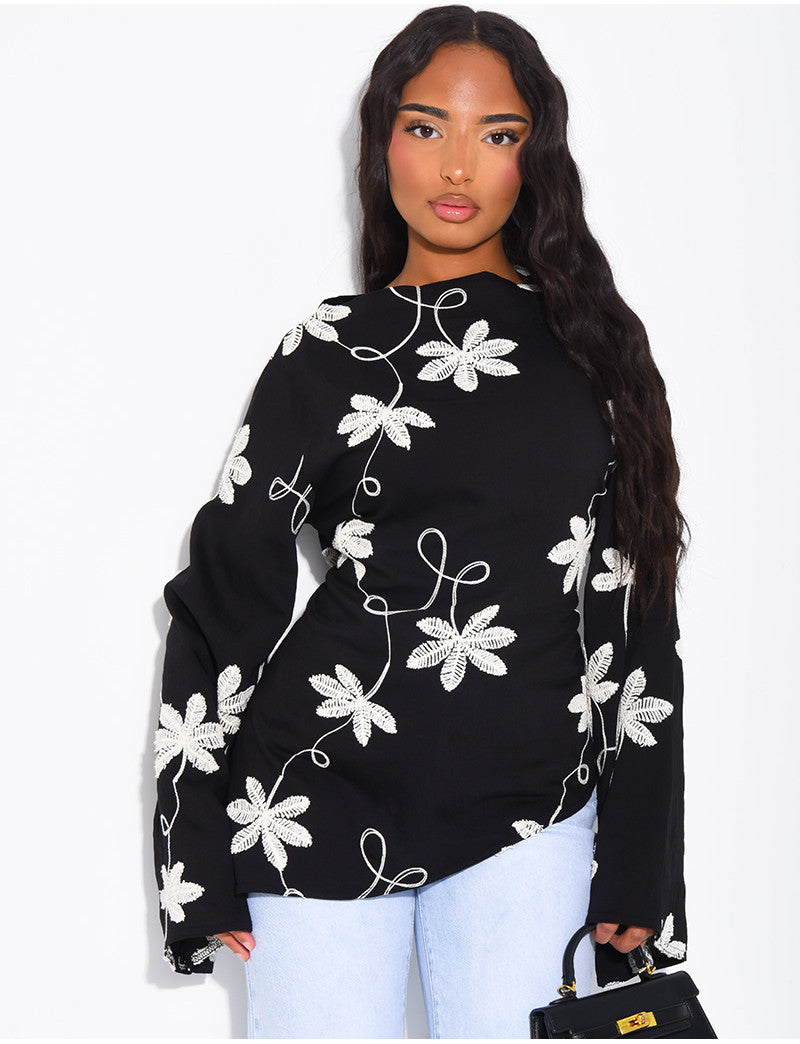 Top effet lin asymétrique à nouer avec motifs brodés