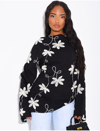 Top effet lin asymétrique à nouer avec motifs brodés