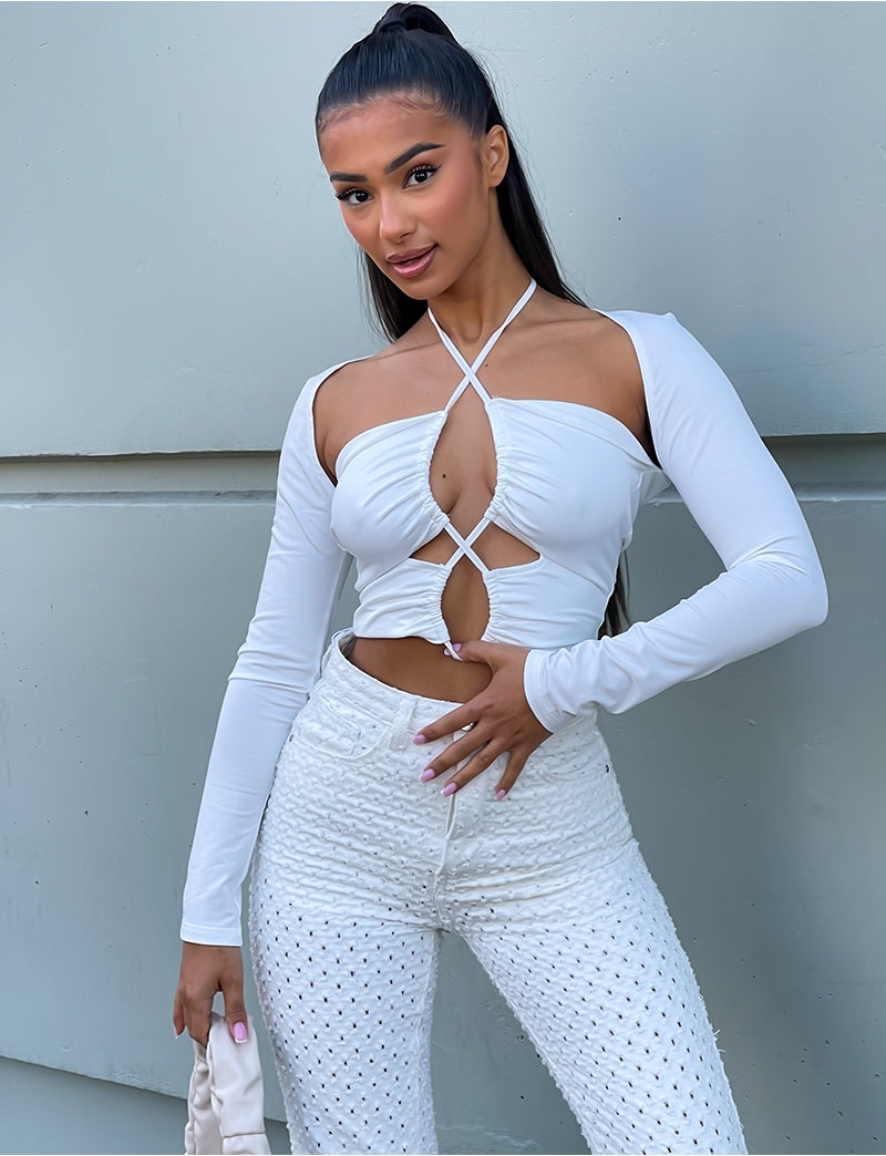 Crop-top manches longues lacé sur l'avant