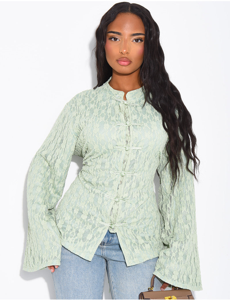 Top manches longues en dentelle doublé et attaches style asiatique
