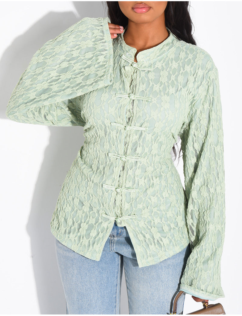 Top manches longues en dentelle doublé et attaches style asiatique